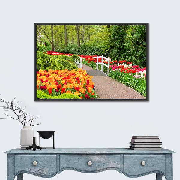 Walkway Through Spring Flowers At Keukenhof Gardens Netherlands Canvas Wall Art-1 Piece-Floating Frame-24" x 16"-Tiaracle