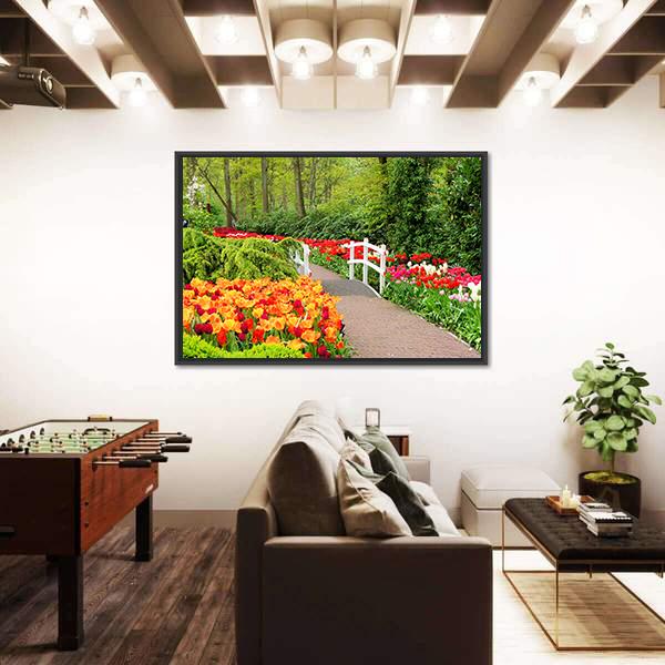 Walkway Through Spring Flowers At Keukenhof Gardens Netherlands Canvas Wall Art-5 Horizontal-Gallery Wrap-22" x 12"-Tiaracle