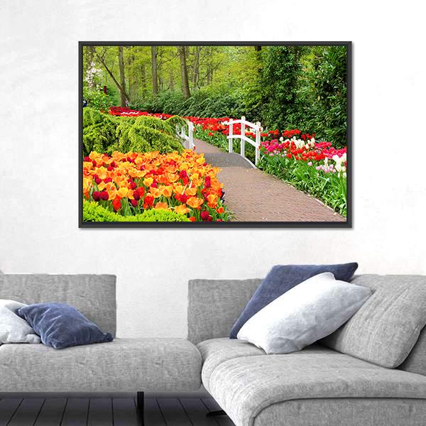 Walkway Through Spring Flowers At Keukenhof Gardens Netherlands Canvas Wall Art-5 Horizontal-Gallery Wrap-22" x 12"-Tiaracle