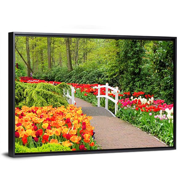 Walkway Through Spring Flowers At Keukenhof Gardens Netherlands Canvas Wall Art-5 Horizontal-Gallery Wrap-22" x 12"-Tiaracle