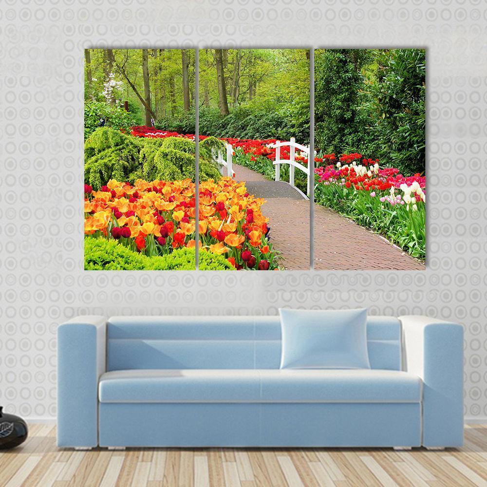 Walkway Through Spring Flowers At Keukenhof Gardens Netherlands Canvas Wall Art-3 Horizontal-Gallery Wrap-37" x 24"-Tiaracle