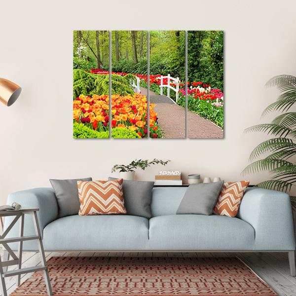 Walkway Through Spring Flowers At Keukenhof Gardens Netherlands Canvas Wall Art-4 Horizontal-Gallery Wrap-34" x 24"-Tiaracle