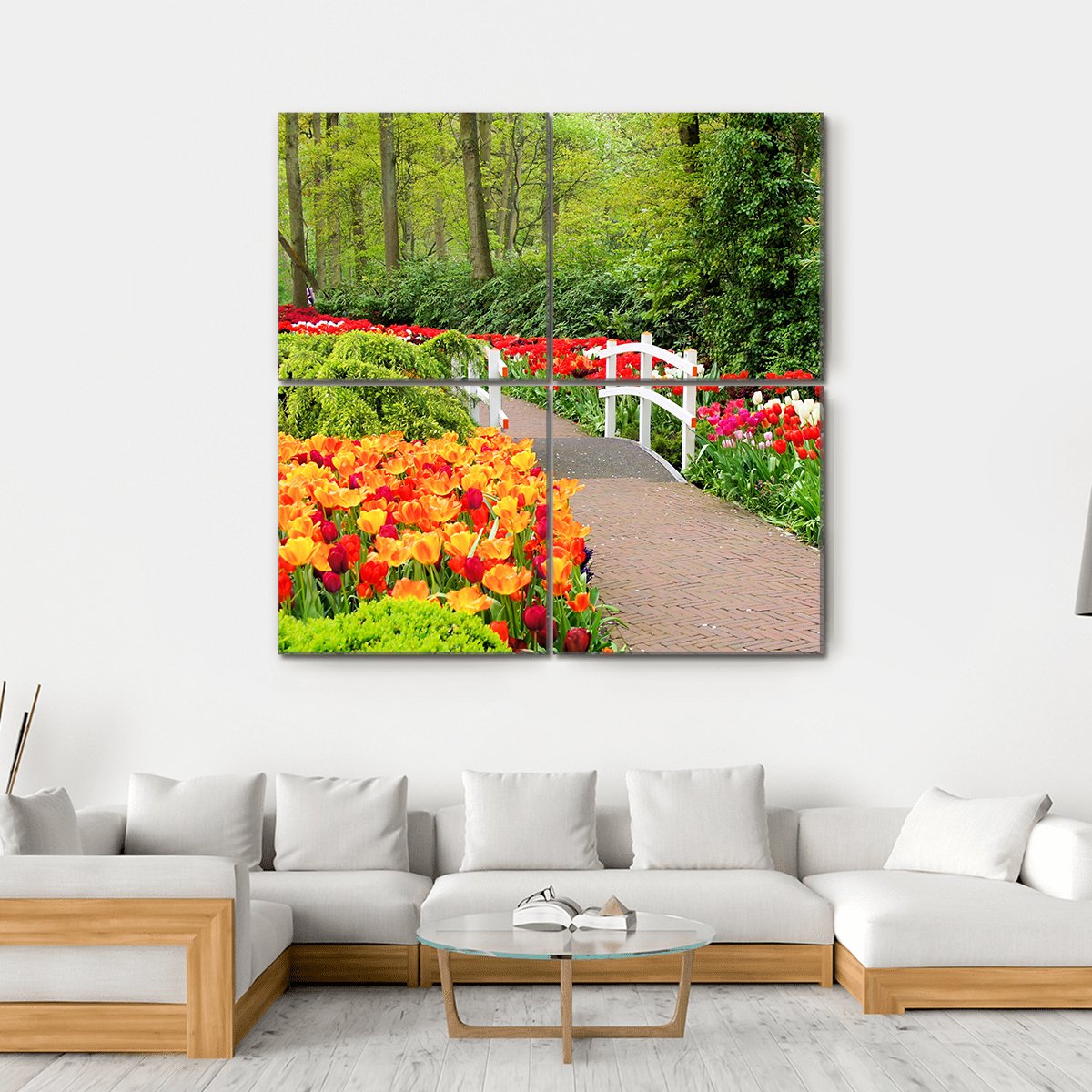 Walkway Through Spring Flowers At Keukenhof Gardens Netherlands Canvas Wall Art-4 Square-Gallery Wrap-17" x 17"-Tiaracle