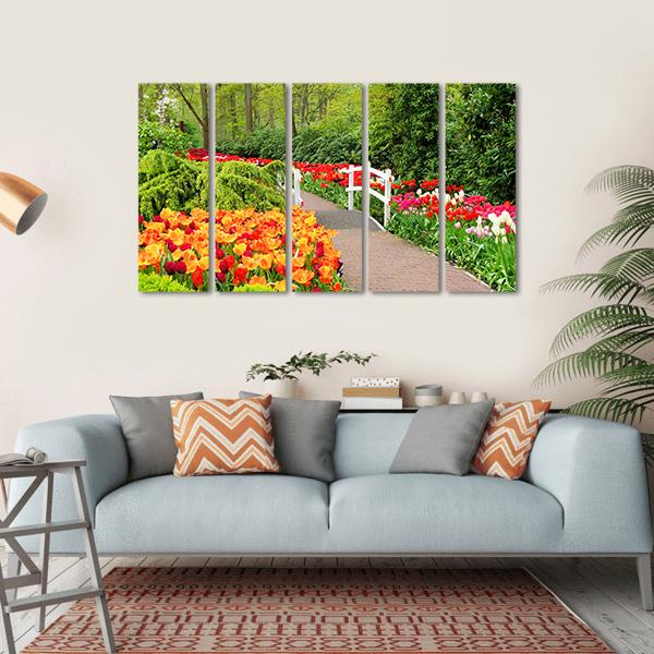 Walkway Through Spring Flowers At Keukenhof Gardens Netherlands Canvas Wall Art-5 Horizontal-Gallery Wrap-22" x 12"-Tiaracle