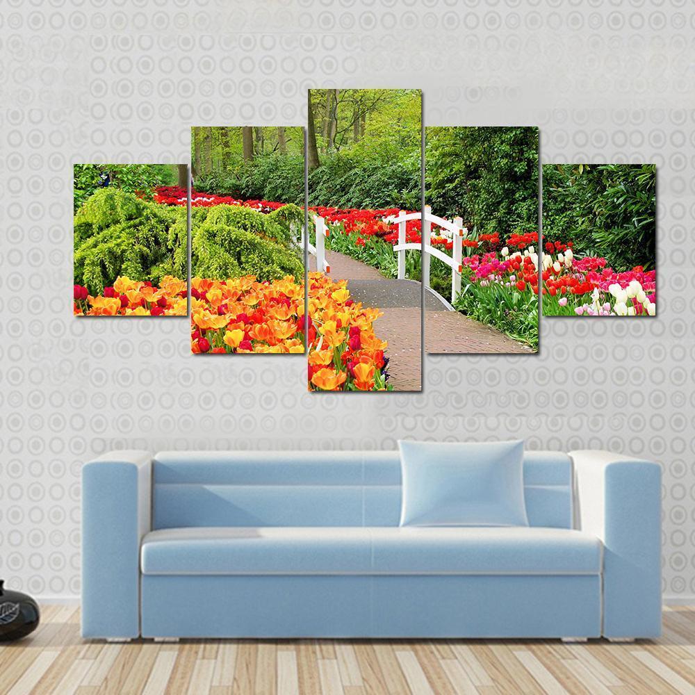 Walkway Through Spring Flowers At Keukenhof Gardens Netherlands Canvas Wall Art-3 Horizontal-Gallery Wrap-37" x 24"-Tiaracle