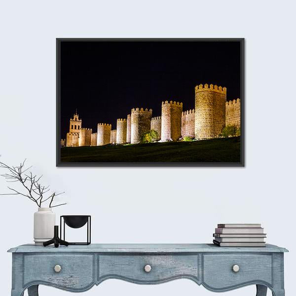 Walls Of Avila In Spain At Night Time Canvas Wall Art-1 Piece-Floating Frame-24" x 16"-Tiaracle