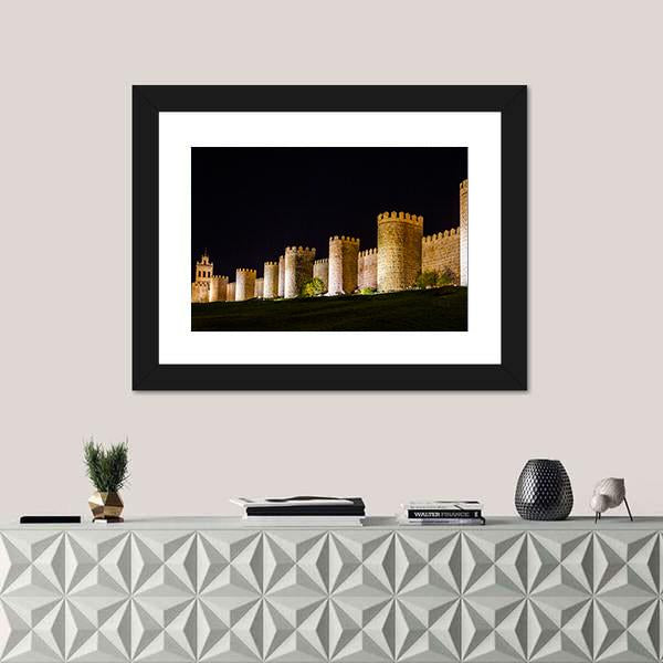 Walls Of Avila In Spain At Night Time Canvas Wall Art-1 Piece-Framed Print-20" x 16"-Tiaracle