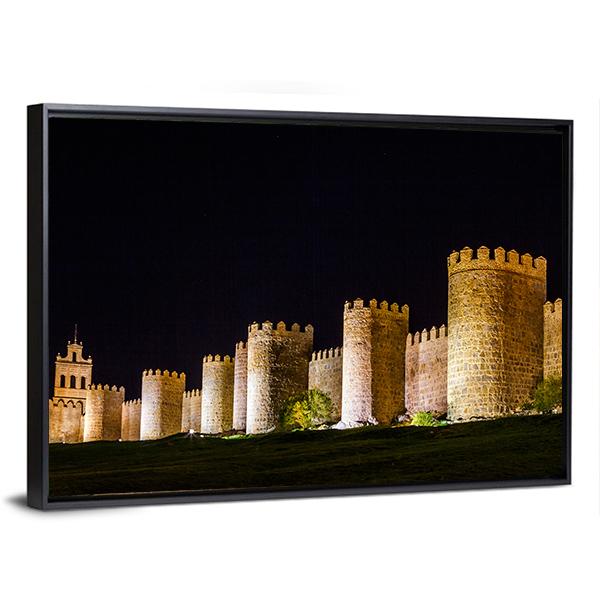 Walls Of Avila In Spain At Night Time Canvas Wall Art-3 Horizontal-Gallery Wrap-25" x 16"-Tiaracle