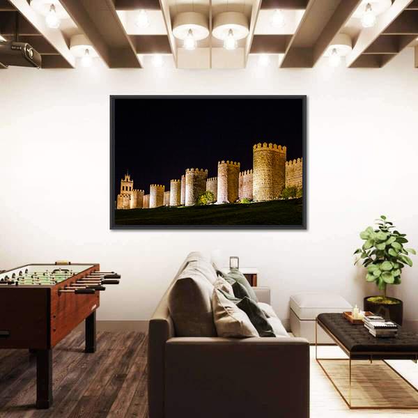 Walls Of Avila In Spain At Night Time Canvas Wall Art-3 Horizontal-Gallery Wrap-25" x 16"-Tiaracle