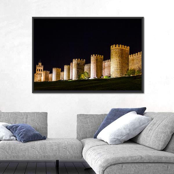 Walls Of Avila In Spain At Night Time Canvas Wall Art-3 Horizontal-Gallery Wrap-25" x 16"-Tiaracle