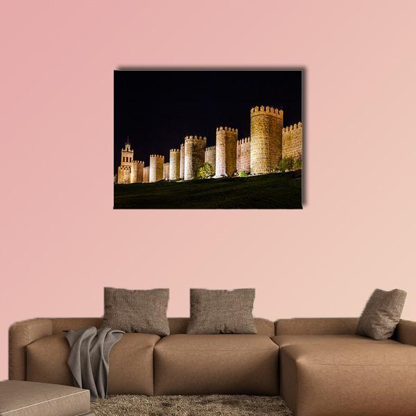 Walls Of Avila In Spain At Night Time Canvas Wall Art-1 Piece-Gallery Wrap-48" x 32"-Tiaracle