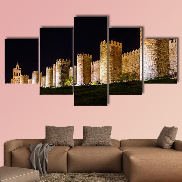 Walls Of Avila In Spain At Night Time Canvas Wall Art-5 Star-Gallery Wrap-62" x 32"-Tiaracle