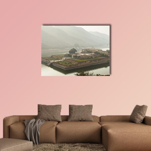 Walls of Amer Fort Canvas Wall Art in gray, beige and green, single panel hung on a wall