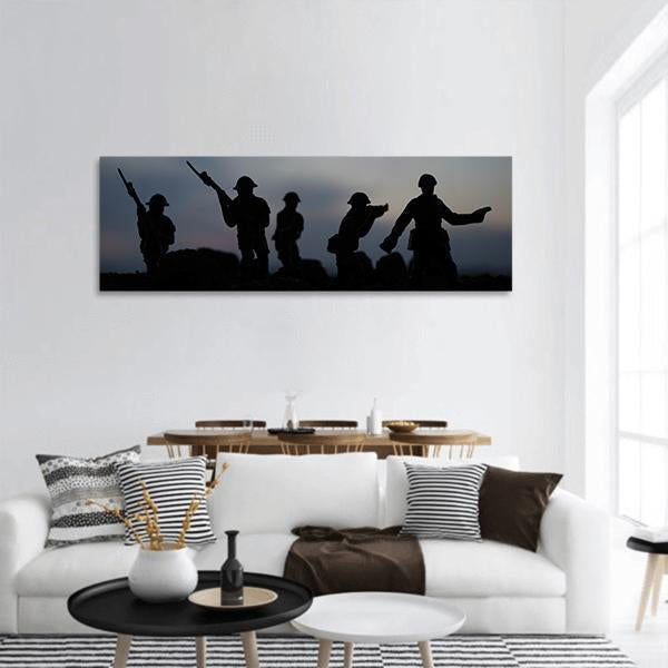 Soldiers Fighting Silhouettes Panoramic Canvas Wall Art-1 Piece-36" x 12"-Tiaracle