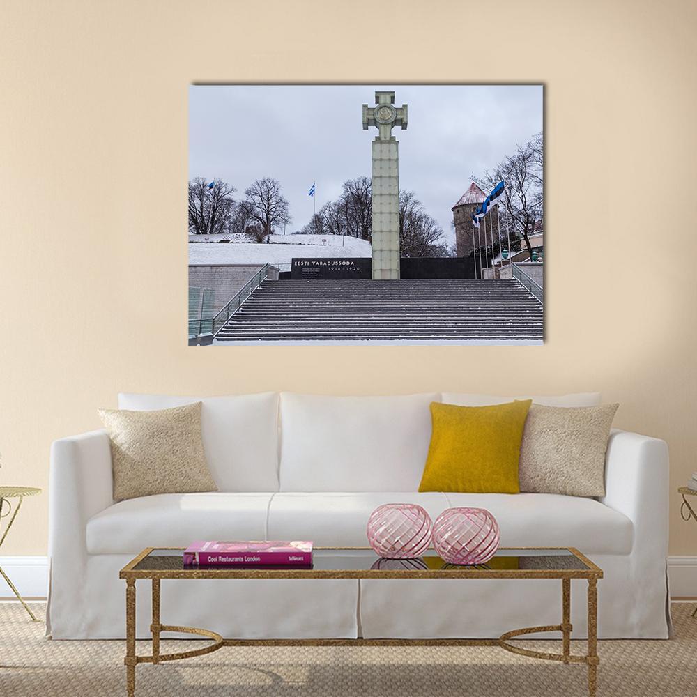 War of Independence Victory Column Canvas Wall Art in white, gray and blue, single panel hung on a wall