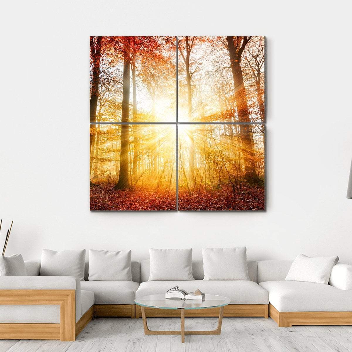 Warm Autumn Scenery In A Forest With The Sun Rays Canvas Wall Art-4 Square-Gallery Wrap-17" x 17"-Tiaracle