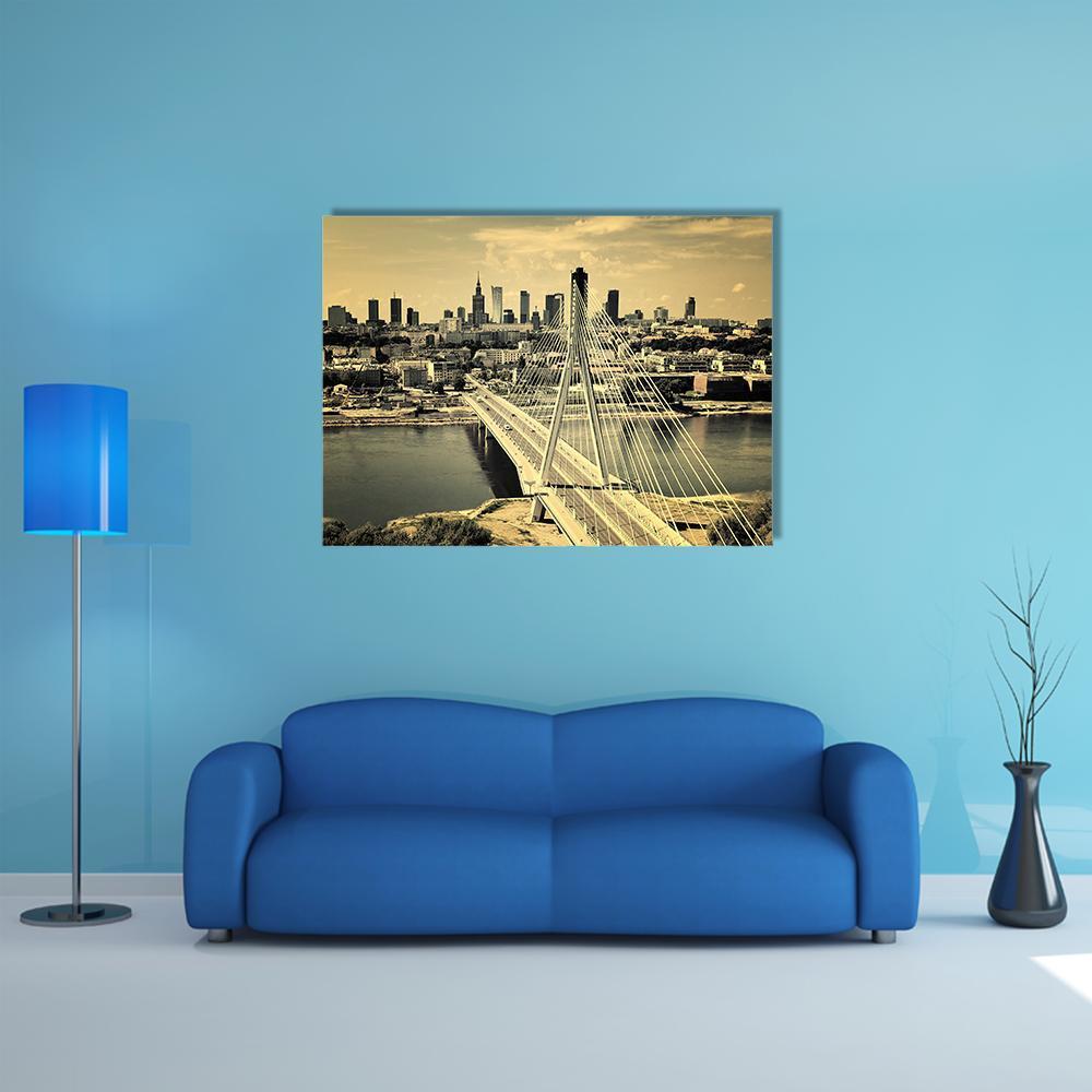 Warsaw Cable-stayed Bridge Canvas Wall Art in black, beige and yellow, single panel hung on a wall