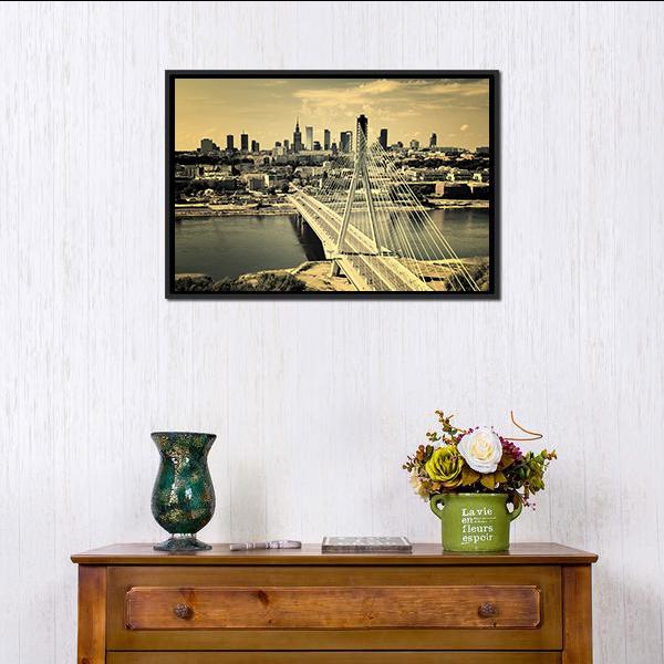 Warsaw Bridge Cityscape Canvas Wall Art in black, gray and beige, framed canvas, product view on a white background