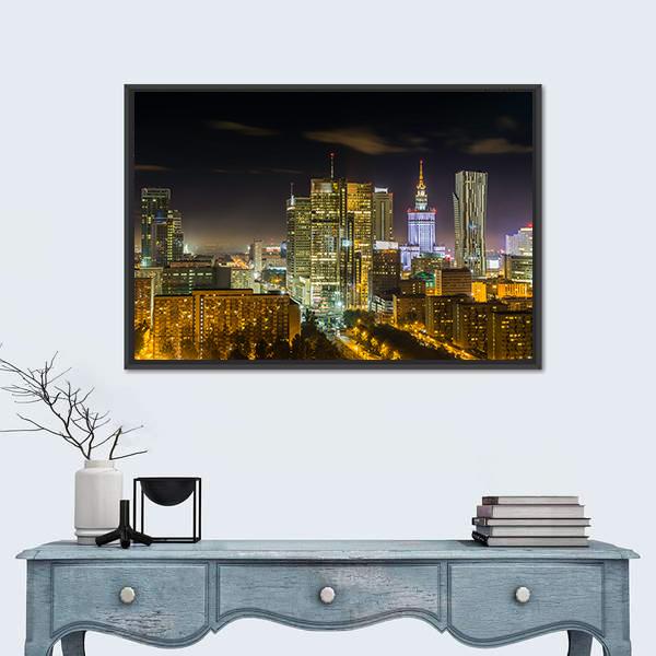 Warsaw Downtown At Night Canvas Wall Art-1 Piece-Floating Frame-24" x 16"-Tiaracle