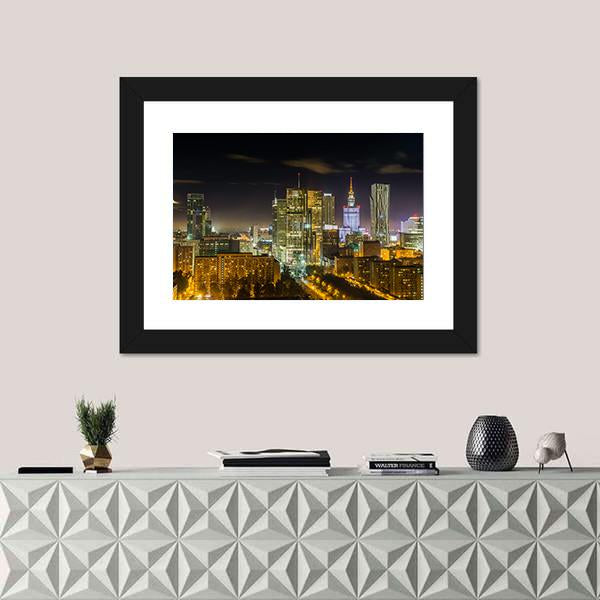 Warsaw Downtown At Night Canvas Wall Art-1 Piece-Framed Print-20" x 16"-Tiaracle