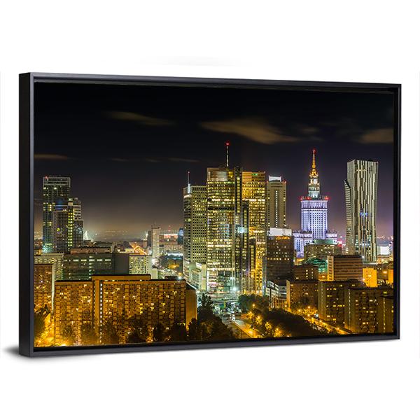 Warsaw Downtown At Night Canvas Wall Art-3 Horizontal-Gallery Wrap-25" x 16"-Tiaracle