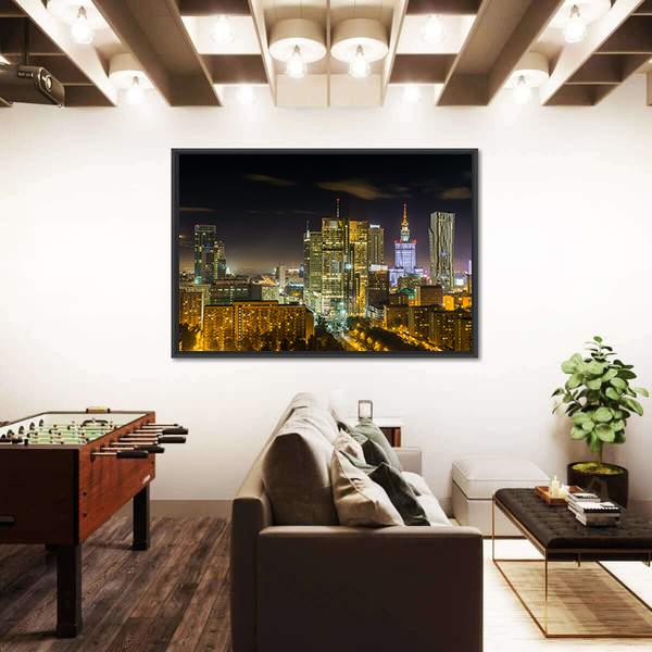 Warsaw Downtown At Night Canvas Wall Art-3 Horizontal-Gallery Wrap-25" x 16"-Tiaracle