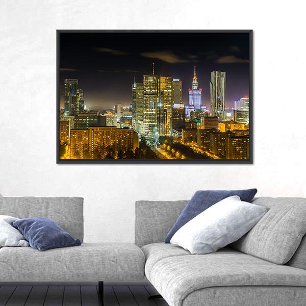 Warsaw Downtown At Night Canvas Wall Art-3 Horizontal-Gallery Wrap-25" x 16"-Tiaracle