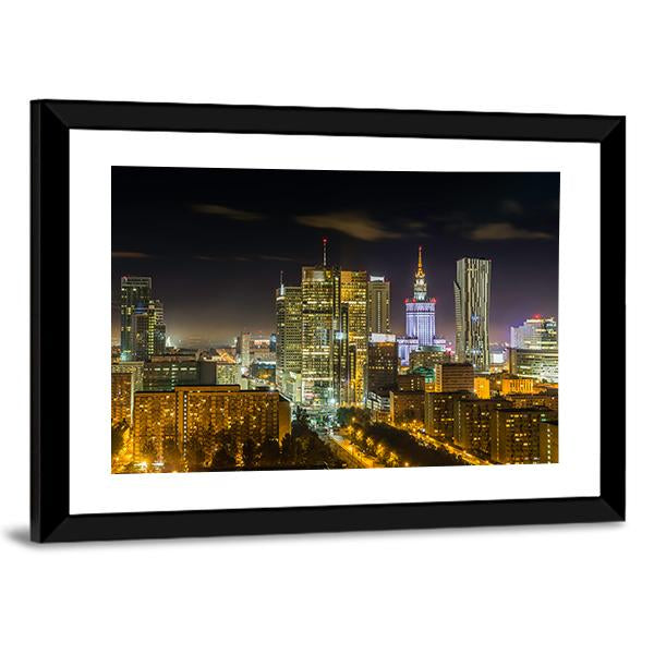 Warsaw Downtown At Night Canvas Wall Art-3 Horizontal-Gallery Wrap-25" x 16"-Tiaracle