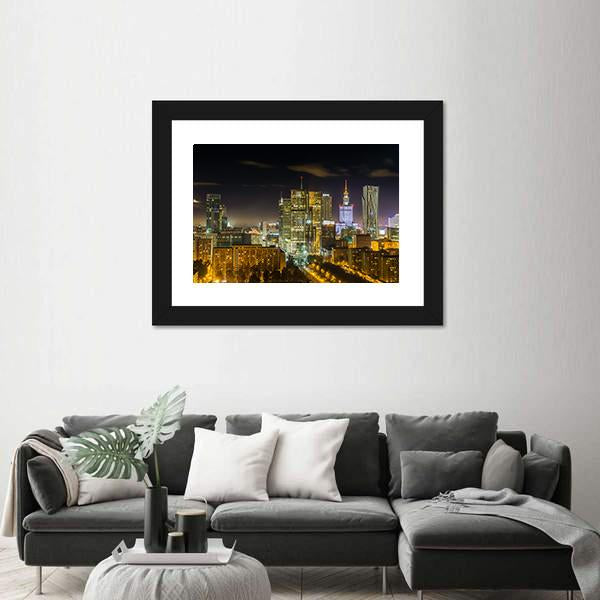 Warsaw Downtown At Night Canvas Wall Art-3 Horizontal-Gallery Wrap-25" x 16"-Tiaracle