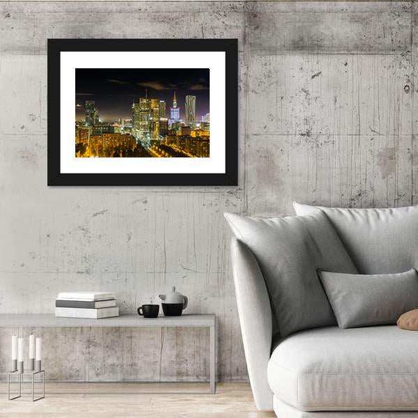 Warsaw Downtown At Night Canvas Wall Art-3 Horizontal-Gallery Wrap-25" x 16"-Tiaracle