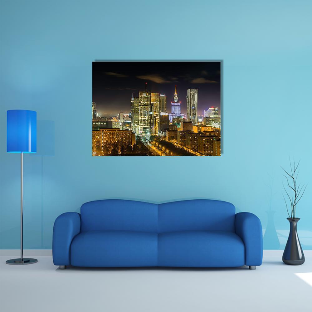 Warsaw Downtown At Night Canvas Wall Art-1 Piece-Gallery Wrap-48" x 32"-Tiaracle
