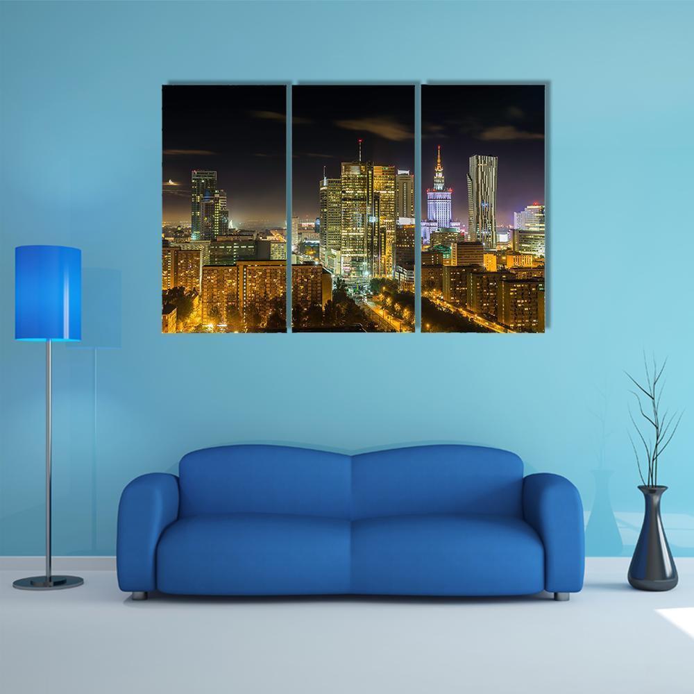 Warsaw Downtown At Night Canvas Wall Art-3 Horizontal-Gallery Wrap-37" x 24"-Tiaracle