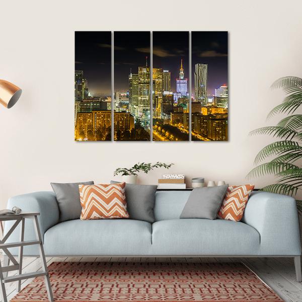 Warsaw Downtown At Night Canvas Wall Art-4 Horizontal-Gallery Wrap-34" x 24"-Tiaracle
