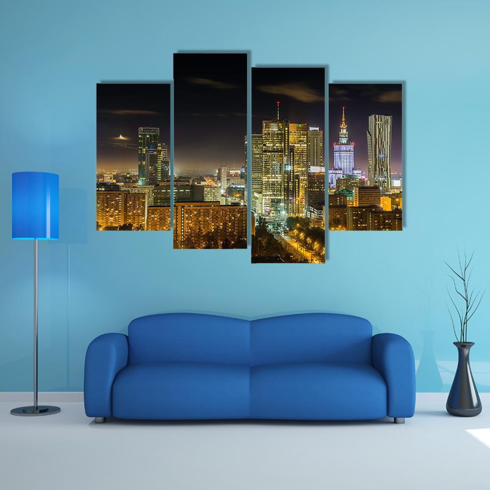 Warsaw Downtown At Night Canvas Wall Art-4 Pop-Gallery Wrap-50" x 32"-Tiaracle