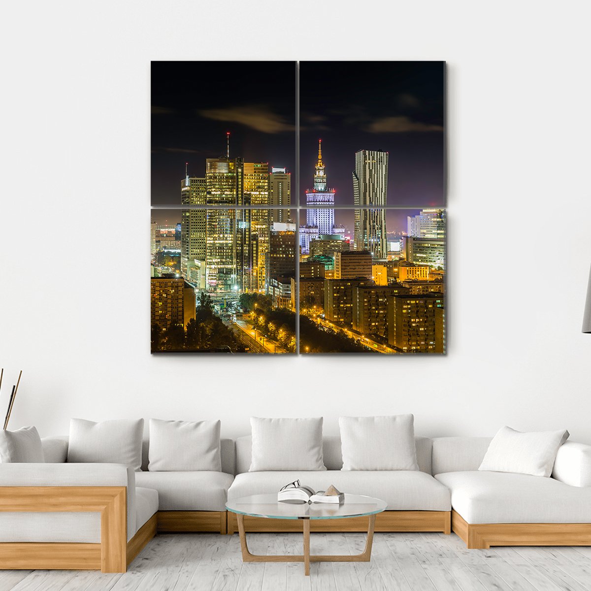 Warsaw Downtown At Night Canvas Wall Art-4 Square-Gallery Wrap-17" x 17"-Tiaracle