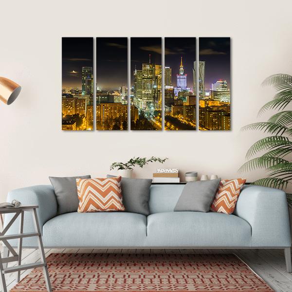Warsaw Downtown At Night Canvas Wall Art-5 Horizontal-Gallery Wrap-22" x 12"-Tiaracle