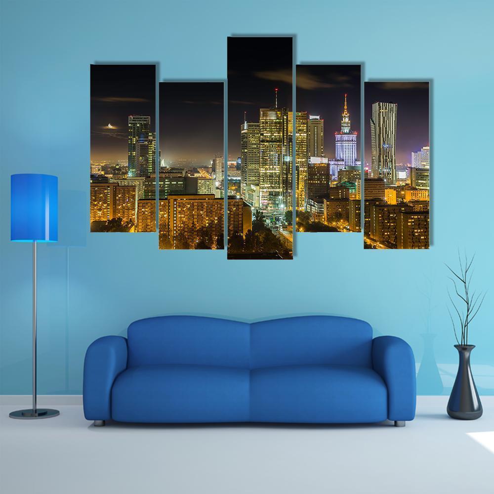 Warsaw Downtown At Night Canvas Wall Art-5 Pop-Gallery Wrap-47" x 32"-Tiaracle