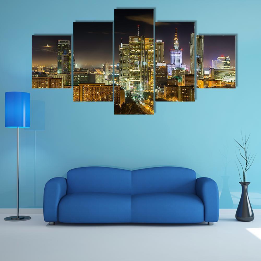 Warsaw Downtown At Night Canvas Wall Art-5 Star-Gallery Wrap-62" x 32"-Tiaracle