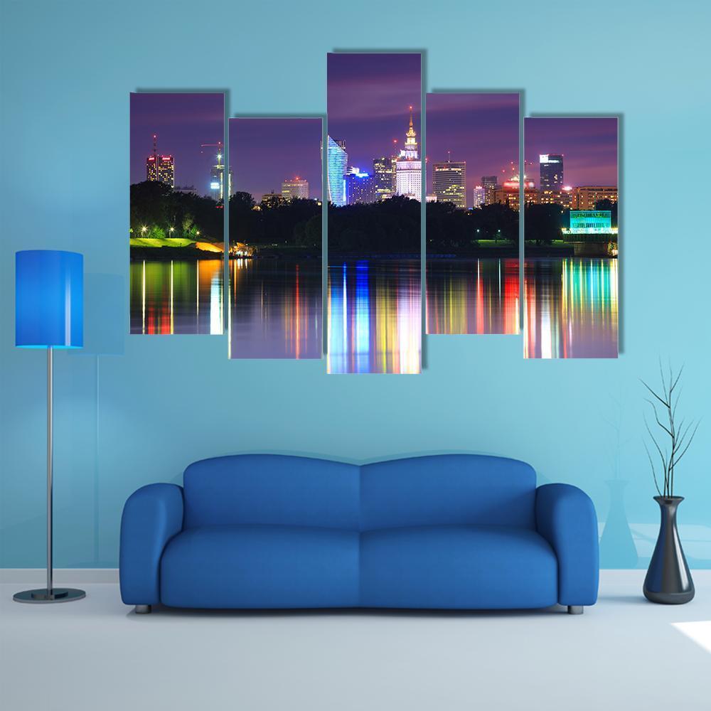 Warsaw Night View Of The City From The River Canvas Wall Art-5 Pop-Gallery Wrap-47" x 32"-Tiaracle
