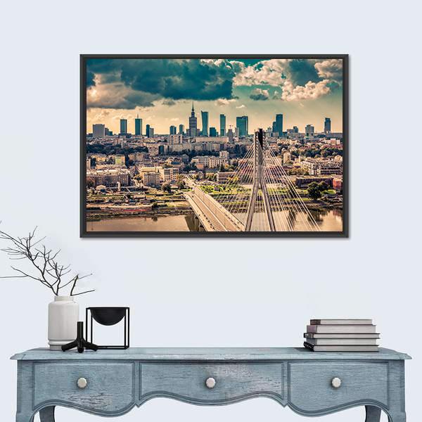 Warsaw Skyline Behind the Bridge Canvas Wall Art in gray, beige and blue, framed canvas, product view on a white background
