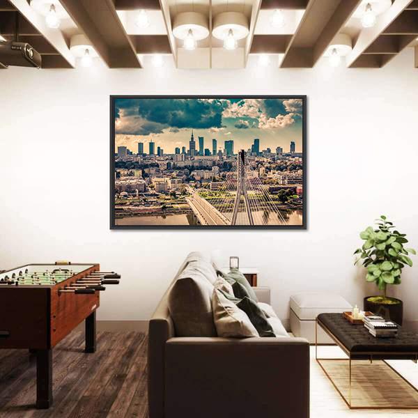 Warsaw Skyline Behind The Bridge Canvas Wall Art-5 Horizontal-Gallery Wrap-22" x 12"-Tiaracle