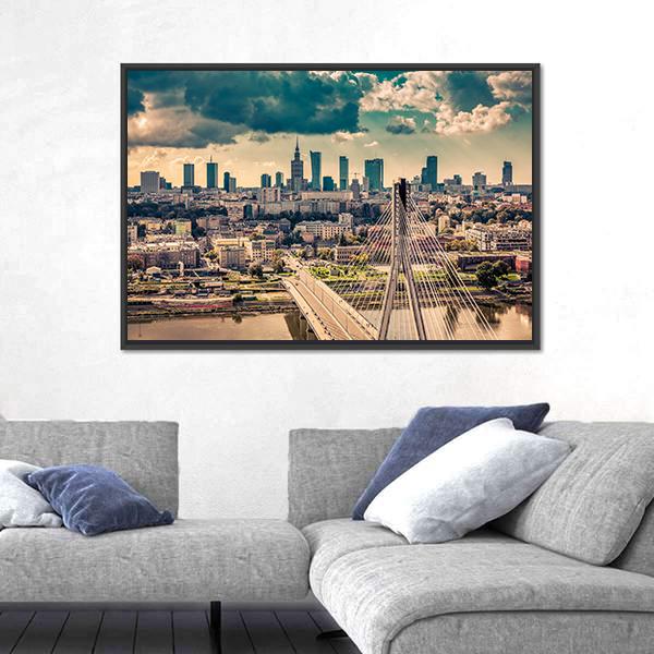 Warsaw Skyline Behind The Bridge Canvas Wall Art-5 Horizontal-Gallery Wrap-22" x 12"-Tiaracle