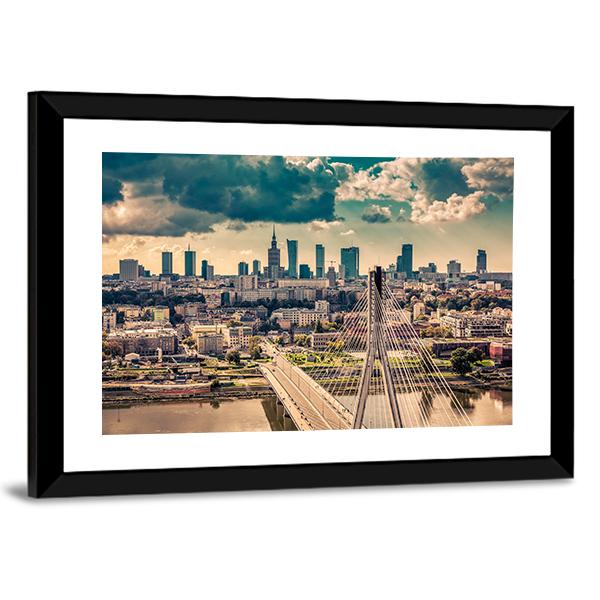 Warsaw Skyline Behind The Bridge Canvas Wall Art-3 Horizontal-Gallery Wrap-25" x 16"-Tiaracle