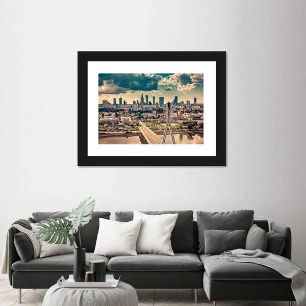Warsaw Skyline Behind The Bridge Canvas Wall Art-5 Horizontal-Gallery Wrap-22" x 12"-Tiaracle