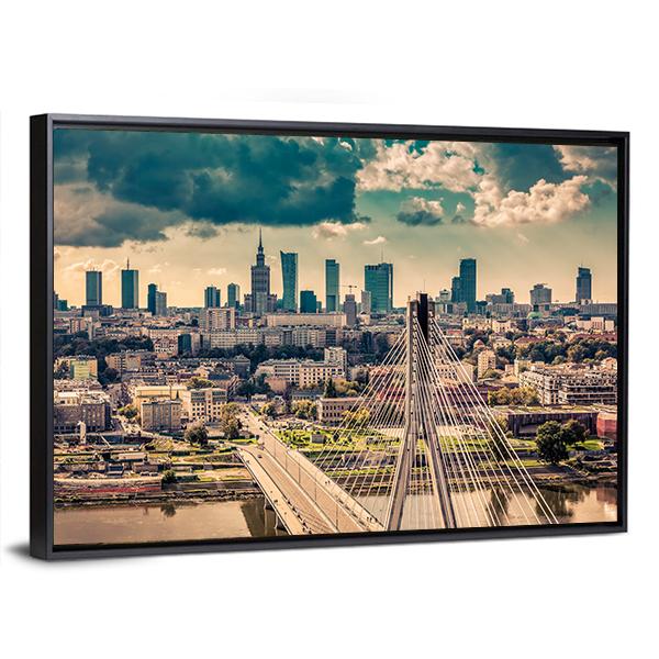 Warsaw Skyline Behind The Bridge Canvas Wall Art-5 Horizontal-Gallery Wrap-22" x 12"-Tiaracle