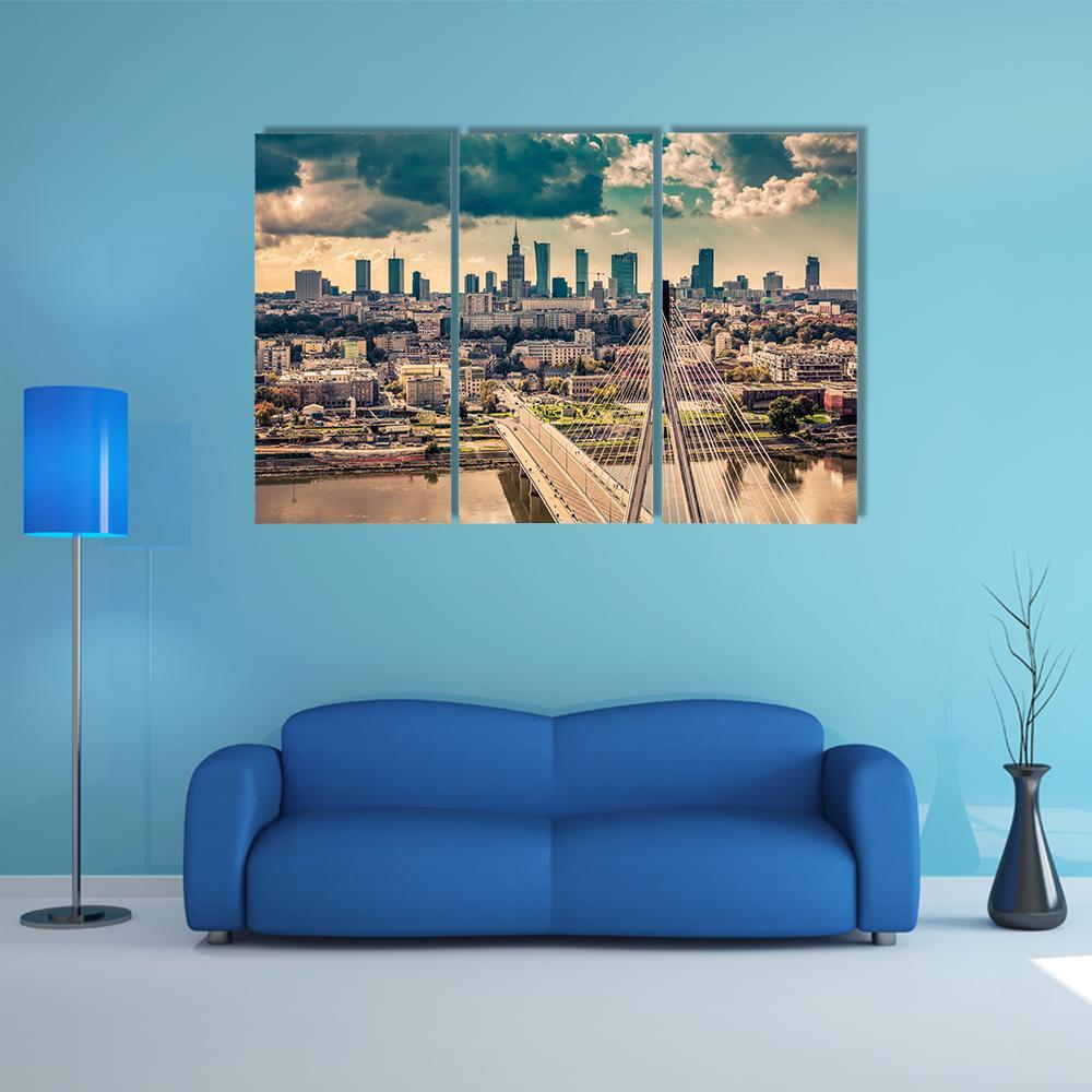 Warsaw Skyline Behind The Bridge Canvas Wall Art-3 Horizontal-Gallery Wrap-37" x 24"-Tiaracle