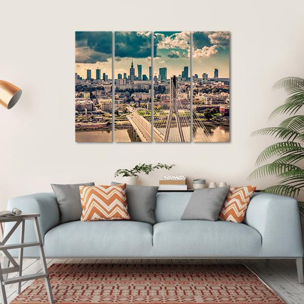Warsaw Skyline Behind The Bridge Canvas Wall Art-4 Horizontal-Gallery Wrap-34" x 24"-Tiaracle