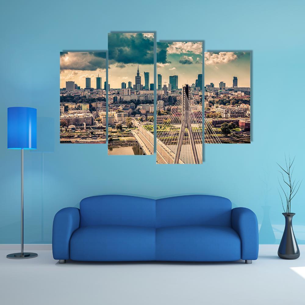 Warsaw Skyline Behind The Bridge Canvas Wall Art-4 Pop-Gallery Wrap-50" x 32"-Tiaracle