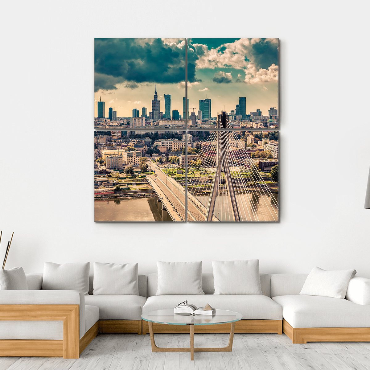 Warsaw Skyline Behind The Bridge Canvas Wall Art-4 Square-Gallery Wrap-17" x 17"-Tiaracle