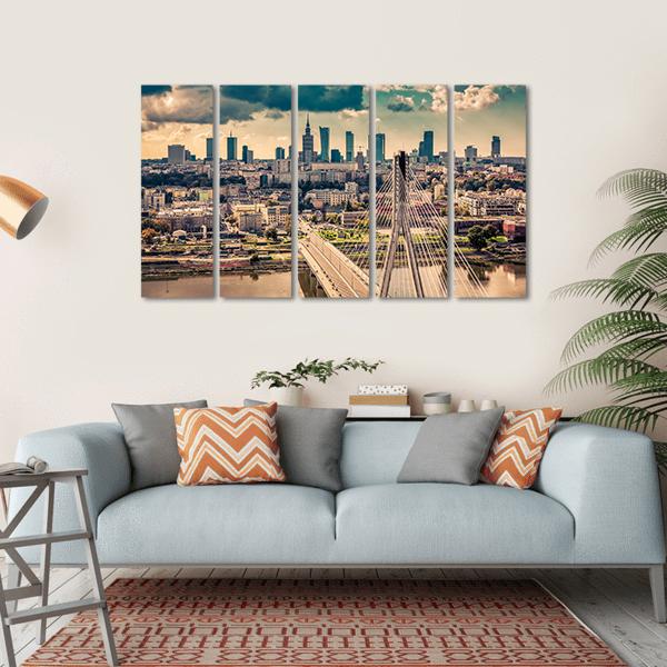 Warsaw Skyline Behind The Bridge Canvas Wall Art-5 Horizontal-Gallery Wrap-22" x 12"-Tiaracle
